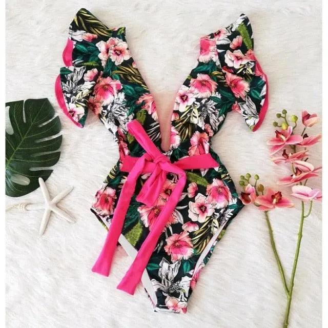 2022 New Sexy Ruffle Print Floral One Piece Off The Shoulder Swimwear