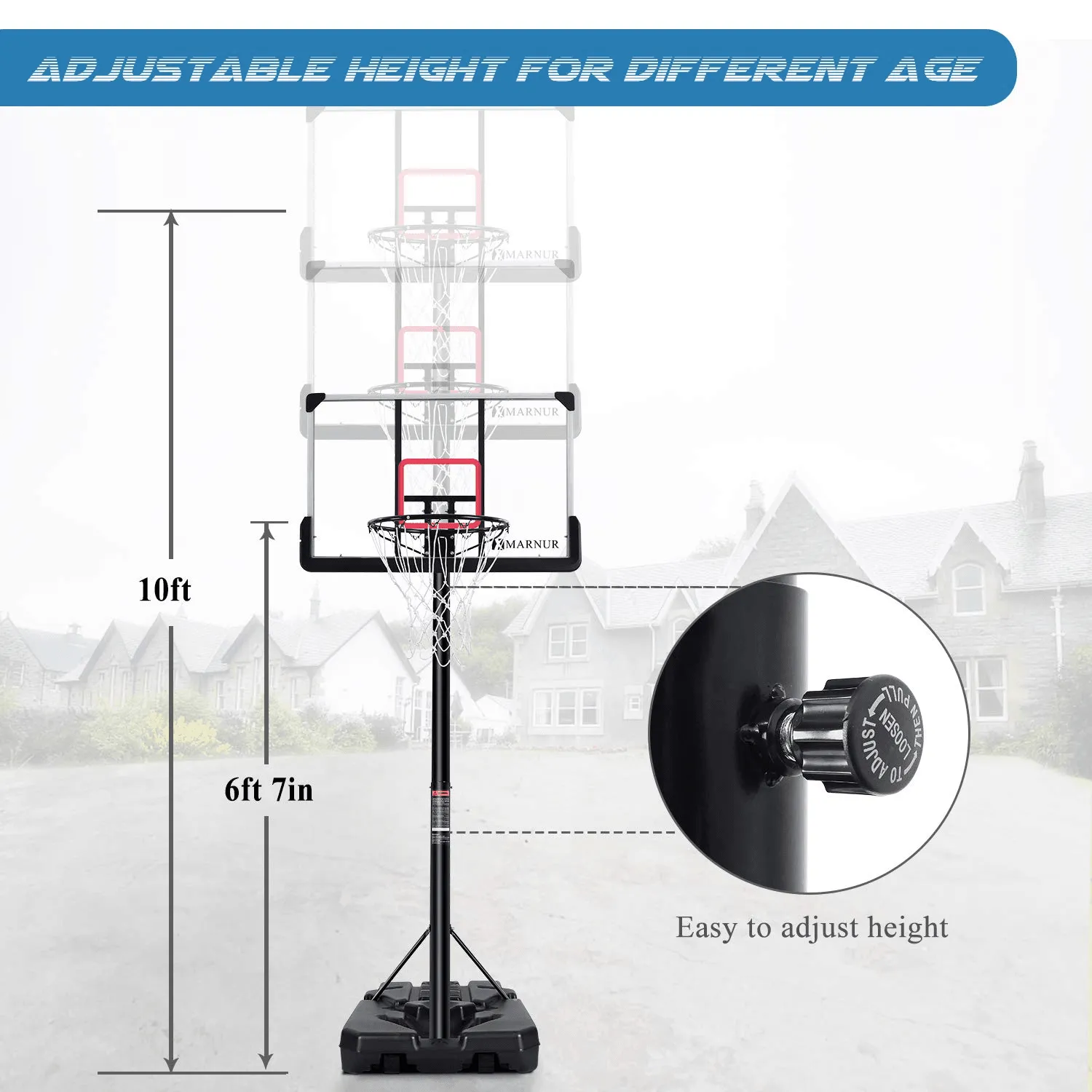 44 In. Basketball Hoop Basketball System, 6 Ft. 7 In. to 10 Ft. Height Adjustable Portable Basketball Goal Basketball Equipment with Big Backboard and Wheels and Large Base