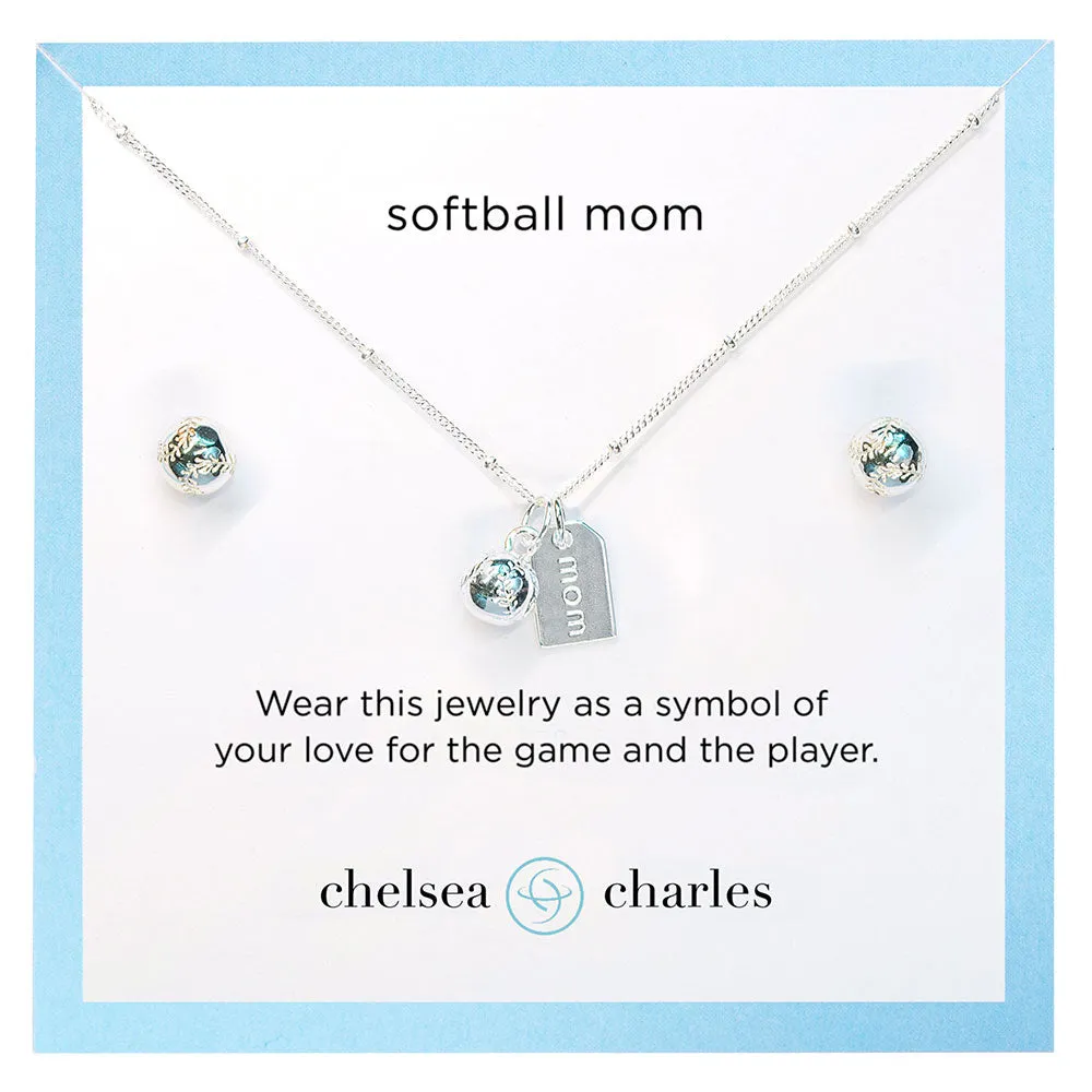 CC Sport Softball Mom Double Charm Necklace and Earring Gift Set