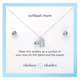 CC Sport Softball Mom Double Charm Necklace and Earring Gift Set