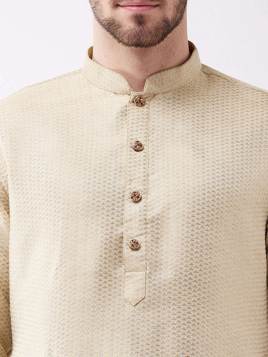 Jashvi Men's Beige And Rose Gold Silk Blend Kurta Pyjama Set