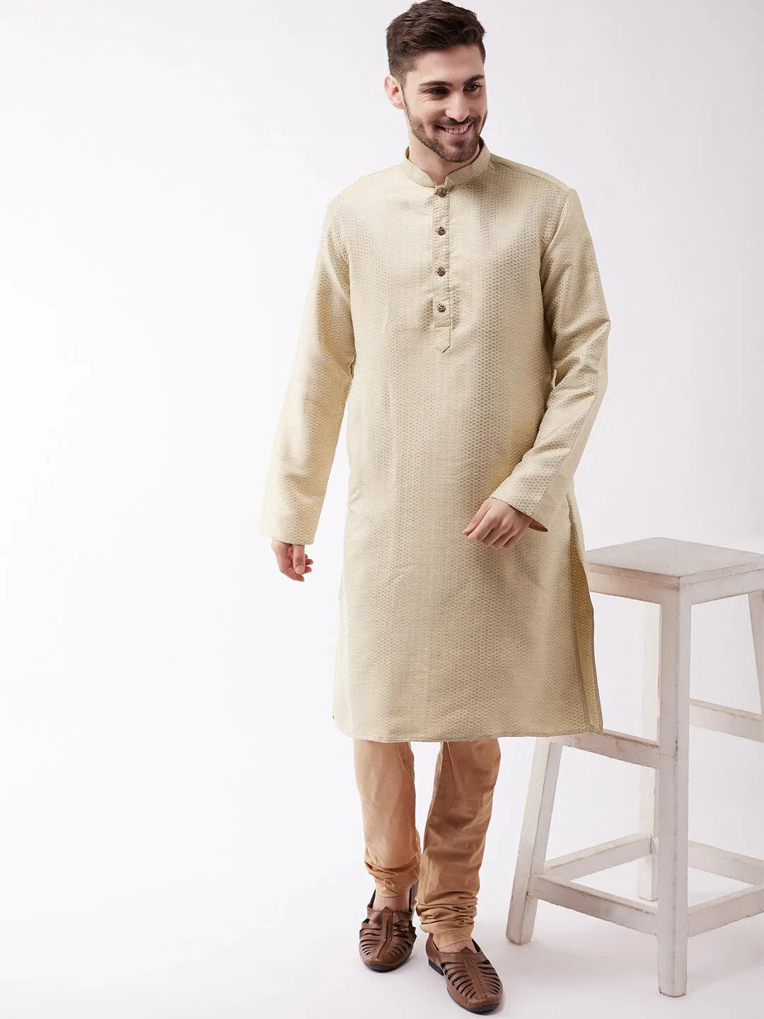 Jashvi Men's Beige And Rose Gold Silk Blend Kurta Pyjama Set
