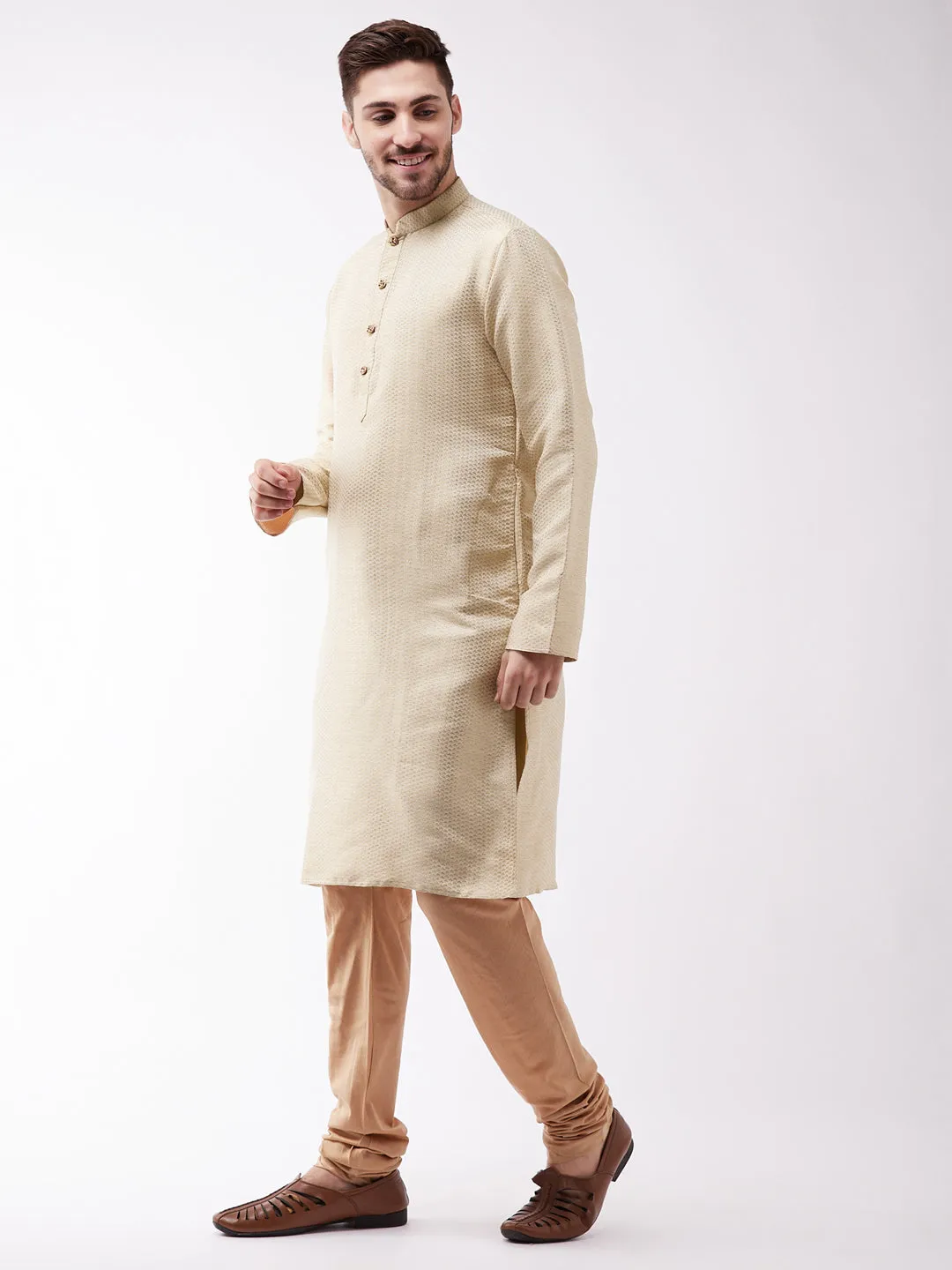 Jashvi Men's Beige And Rose Gold Silk Blend Kurta Pyjama Set