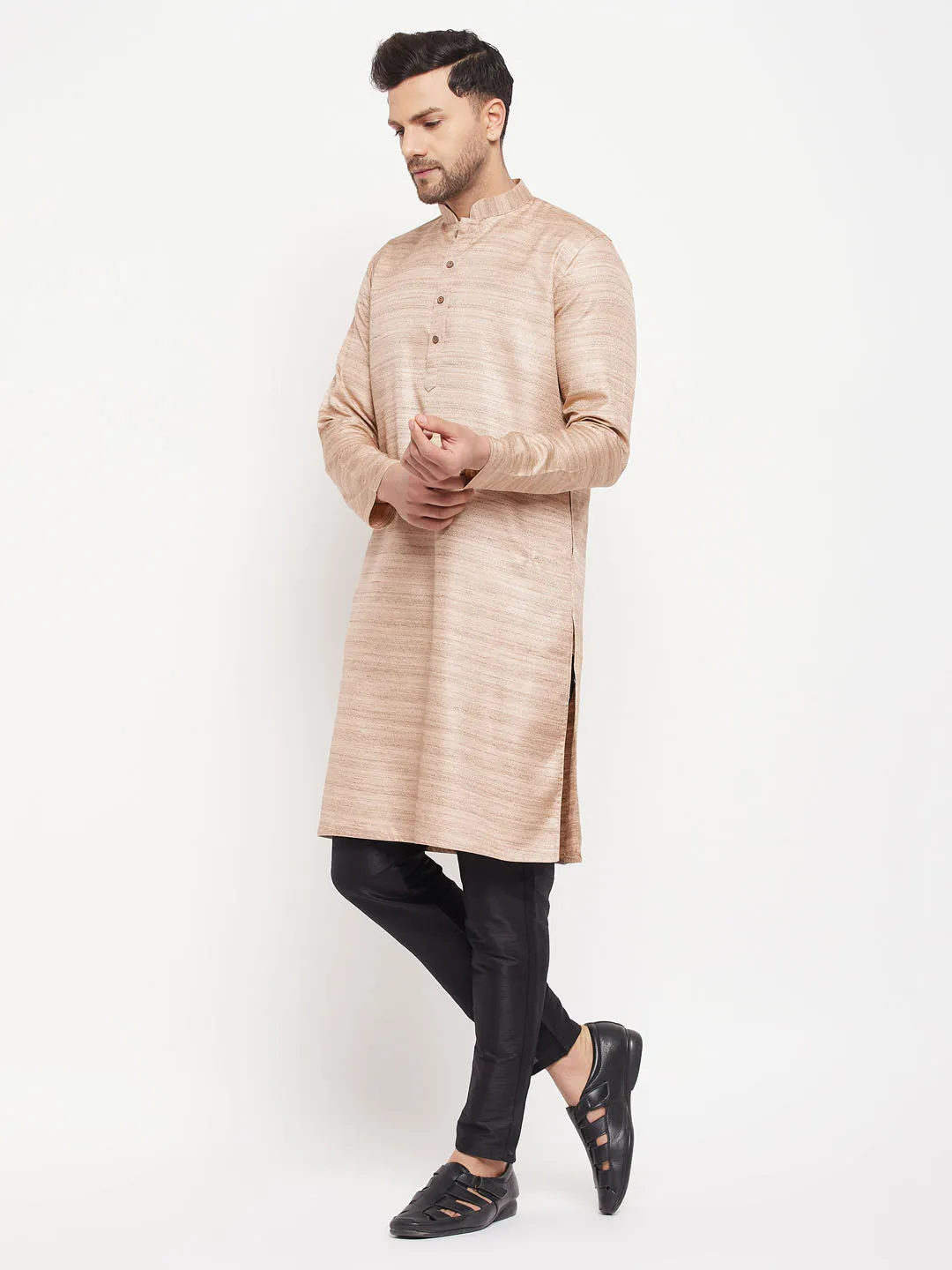 Jashvi Men's Beige Matka Silk Kurta and Black Pant Style Pyjama Set