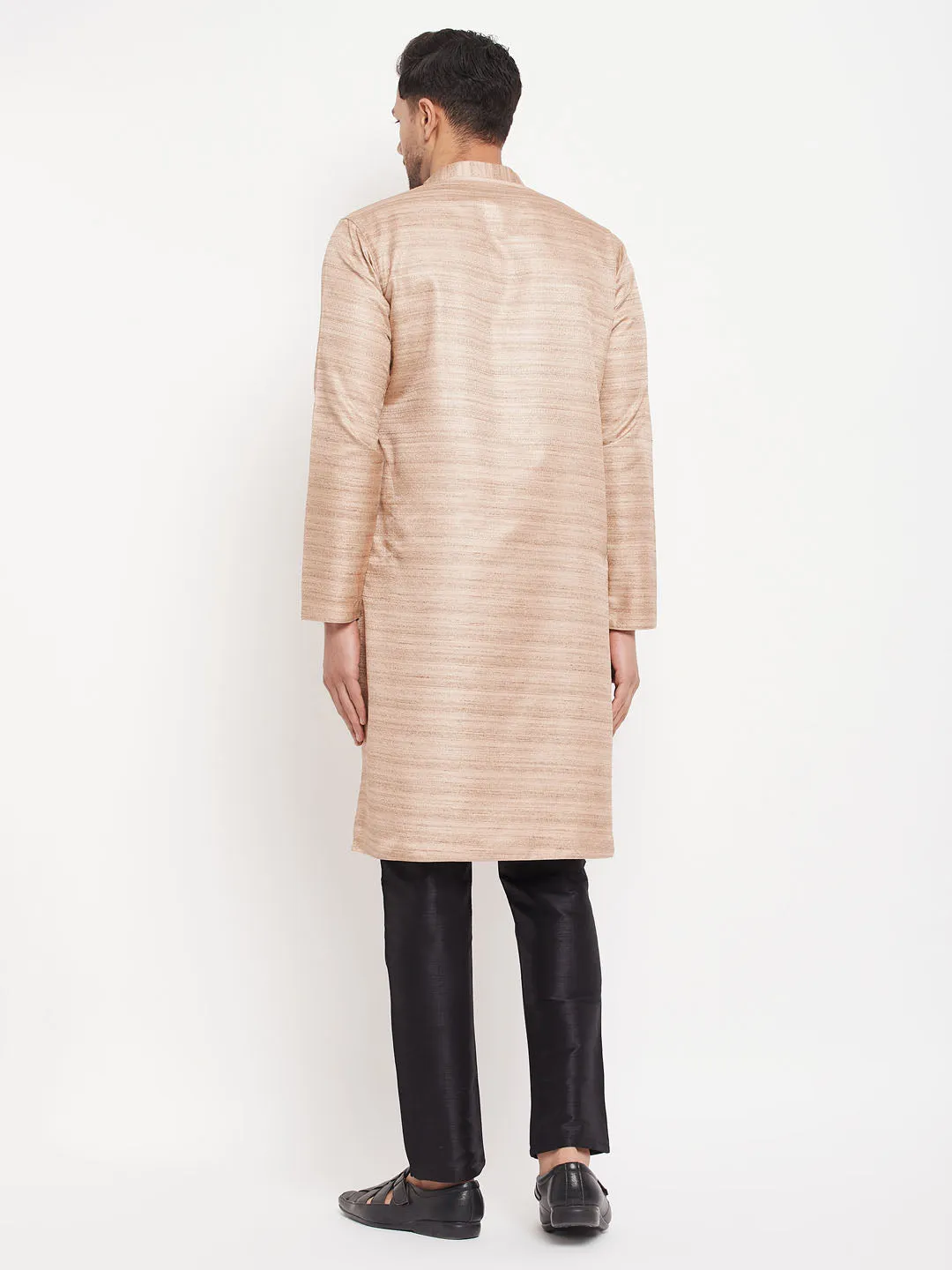 Jashvi Men's Beige Matka Silk Kurta and Black Pant Style Pyjama Set