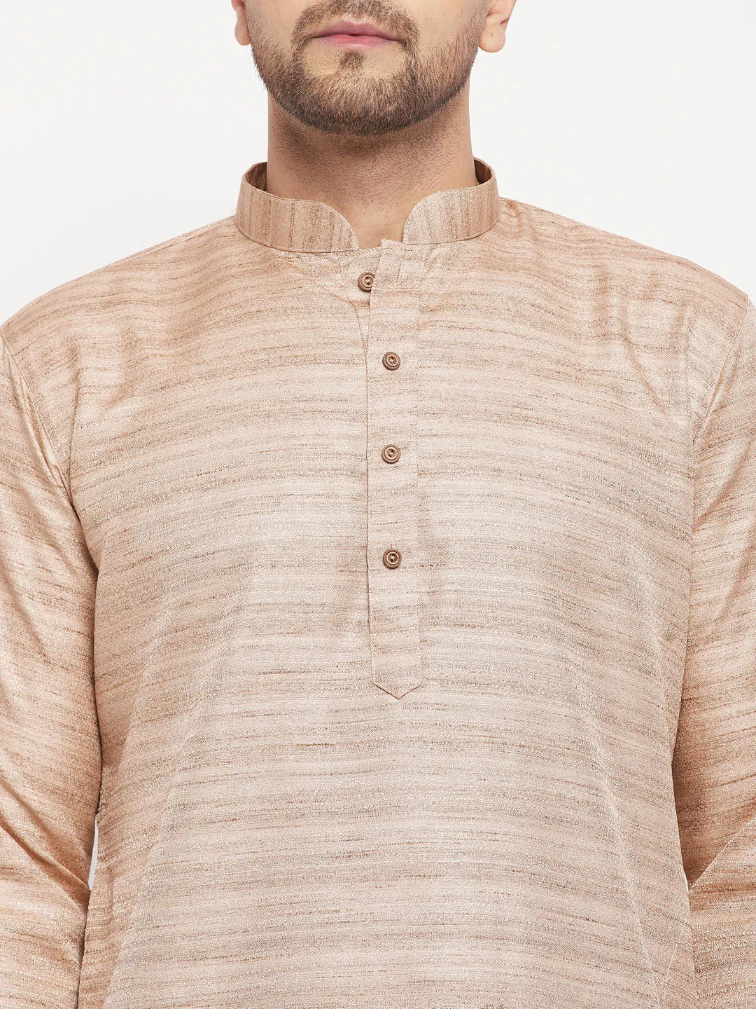Jashvi Men's Beige Matka Silk Kurta and Black Pant Style Pyjama Set