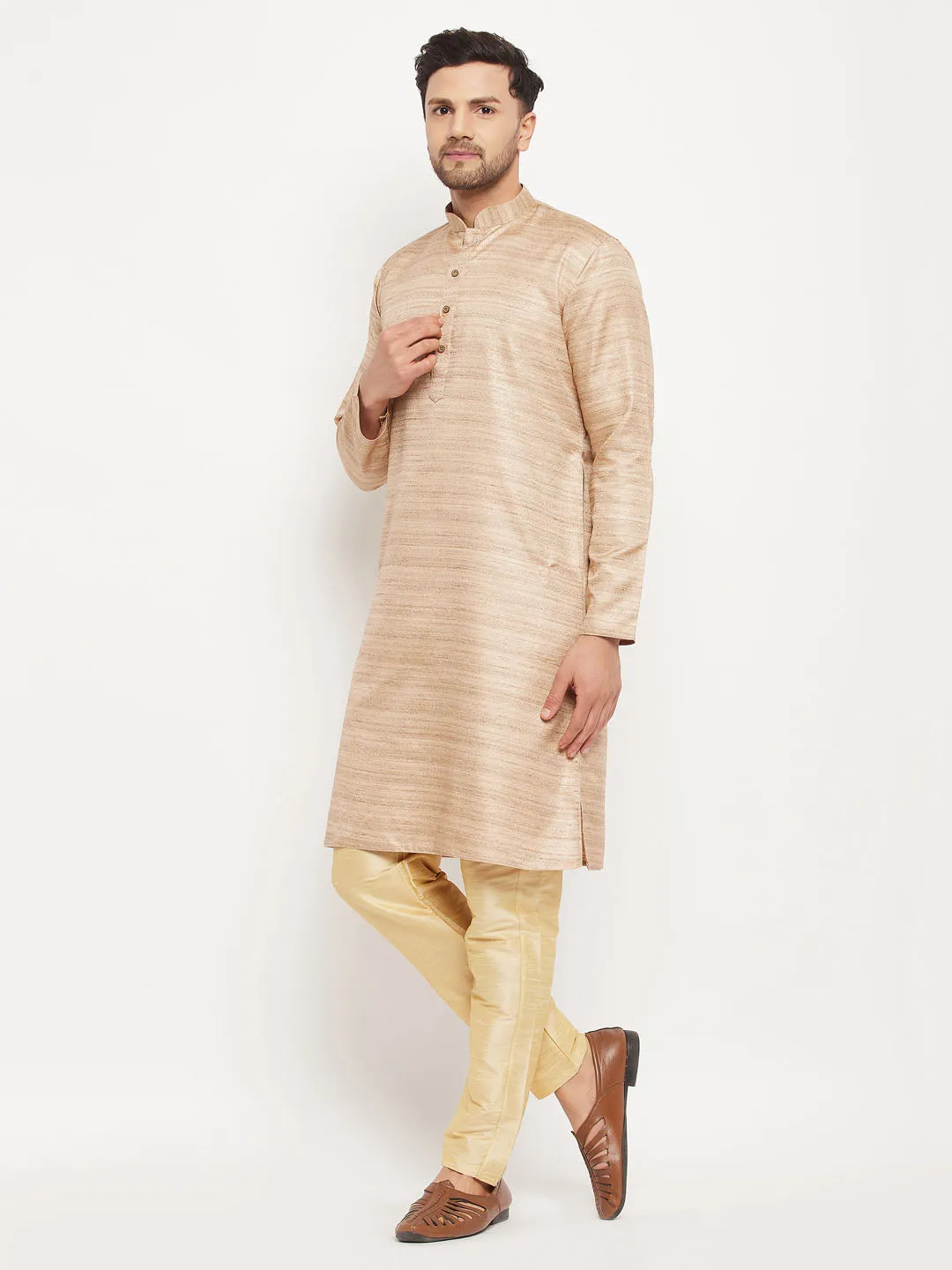 Jashvi Men's Beige Matka Silk Kurta and Gold Pant Style Pyjama Set