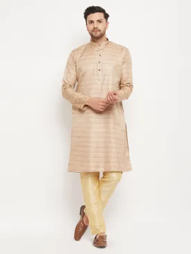 Jashvi Men's Beige Matka Silk Kurta and Gold Pant Style Pyjama Set