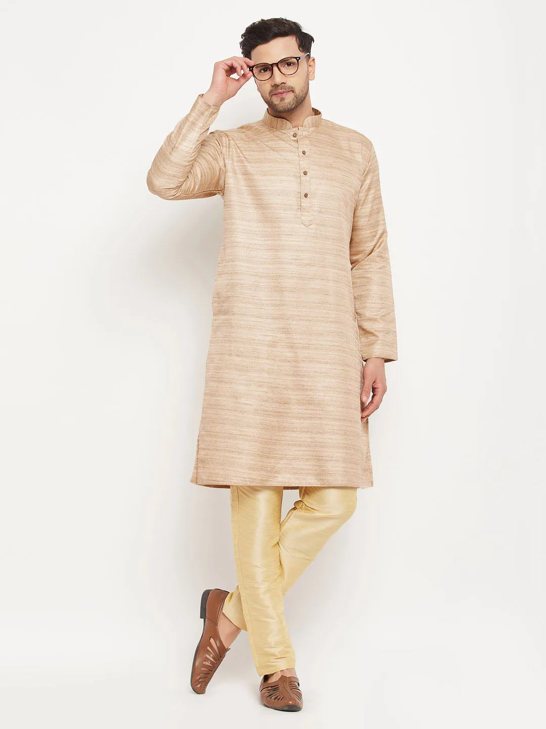 Jashvi Men's Beige Matka Silk Kurta and Gold Pant Style Pyjama Set