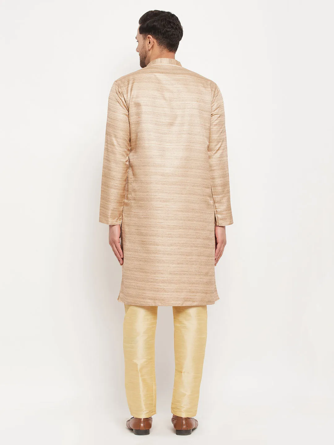 Jashvi Men's Beige Matka Silk Kurta and Gold Pant Style Pyjama Set