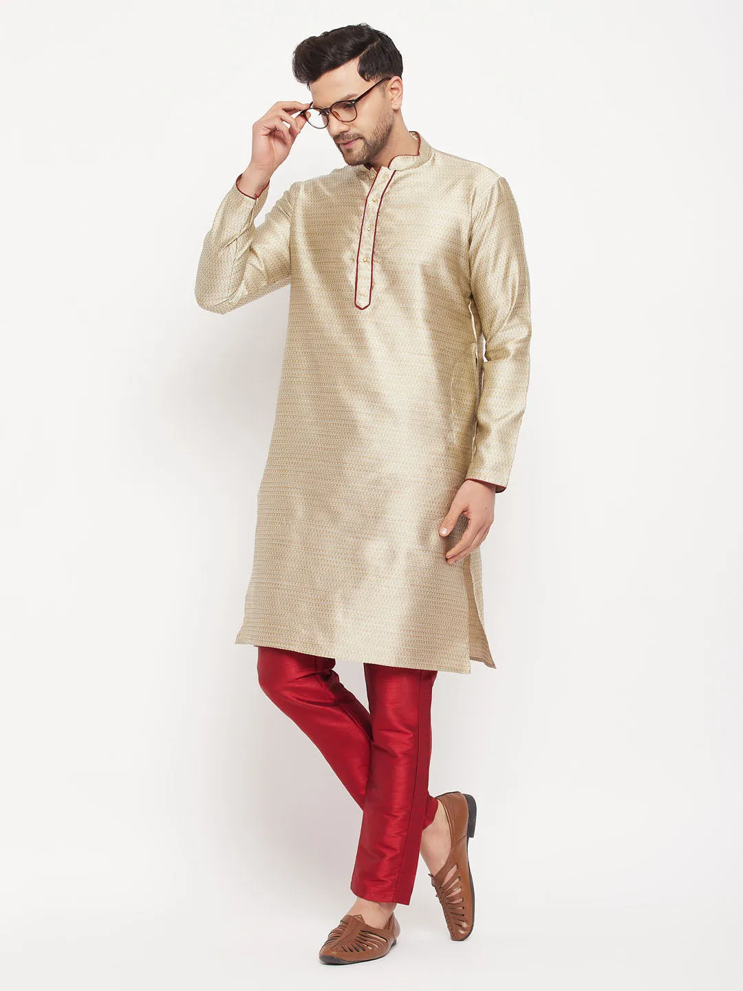 Jashvi Men's Beige Silk Blend Kurta and Maroon Pant Style Pyjama Set
