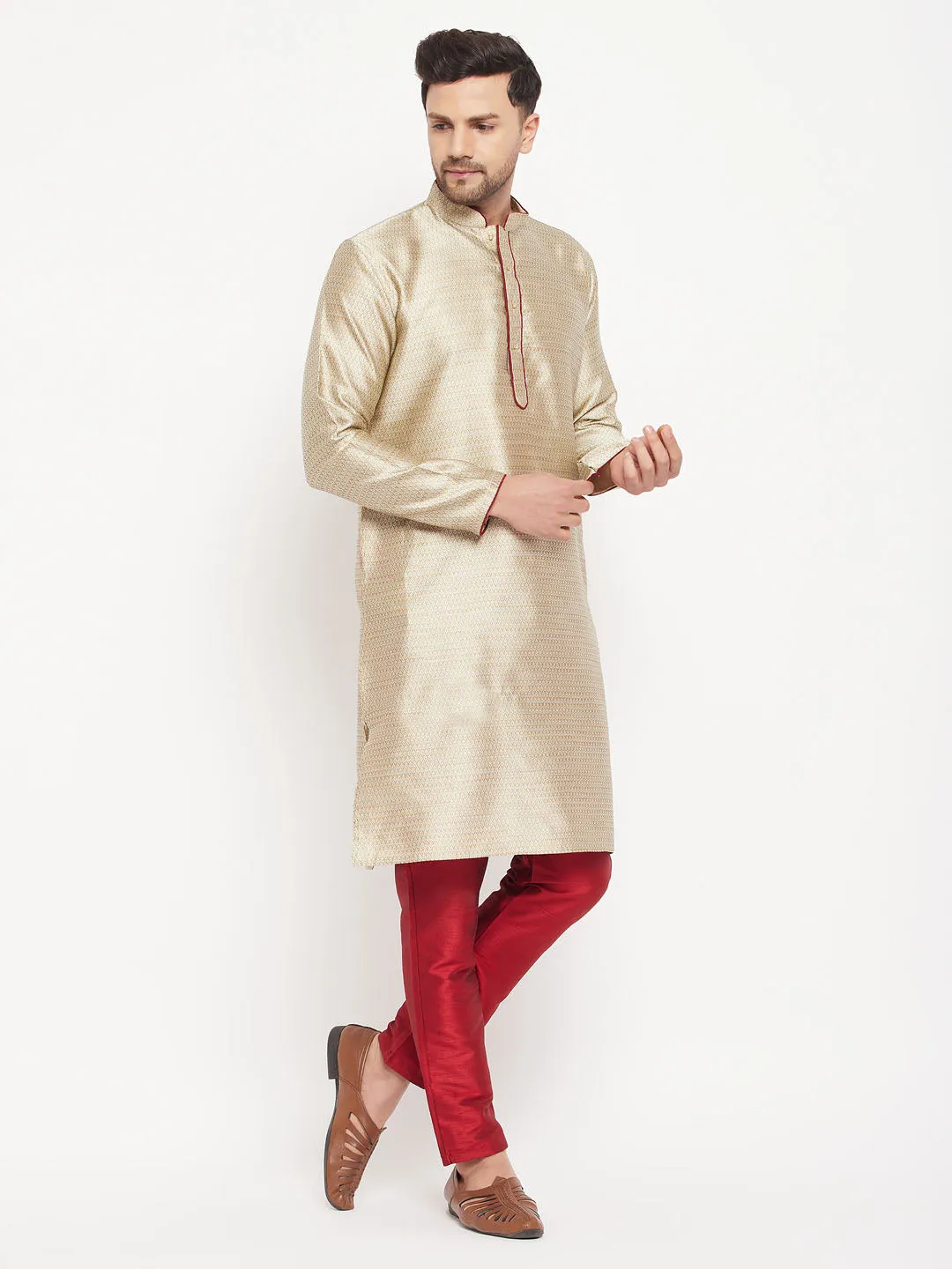 Jashvi Men's Beige Silk Blend Kurta and Maroon Pant Style Pyjama Set