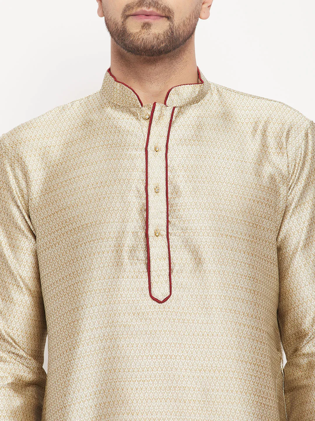 Jashvi Men's Beige Silk Blend Kurta and Maroon Pant Style Pyjama Set