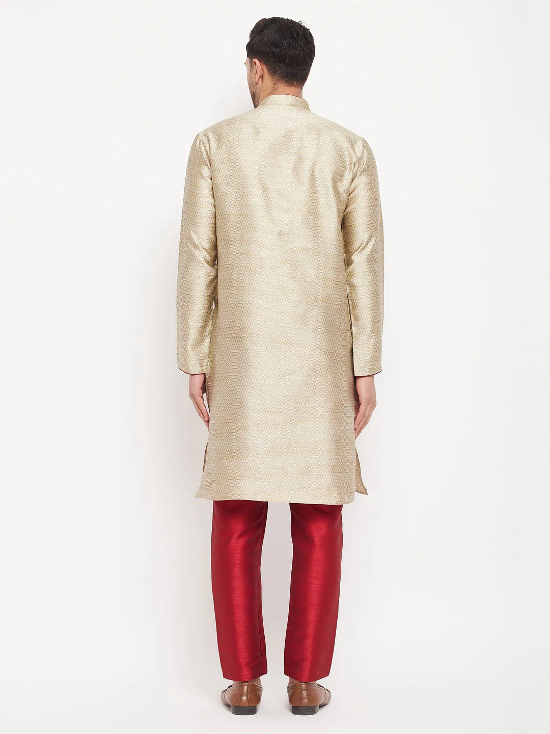 Jashvi Men's Beige Silk Blend Kurta and Maroon Pant Style Pyjama Set