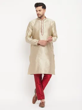 Jashvi Men's Beige Silk Blend Kurta and Maroon Pant Style Pyjama Set