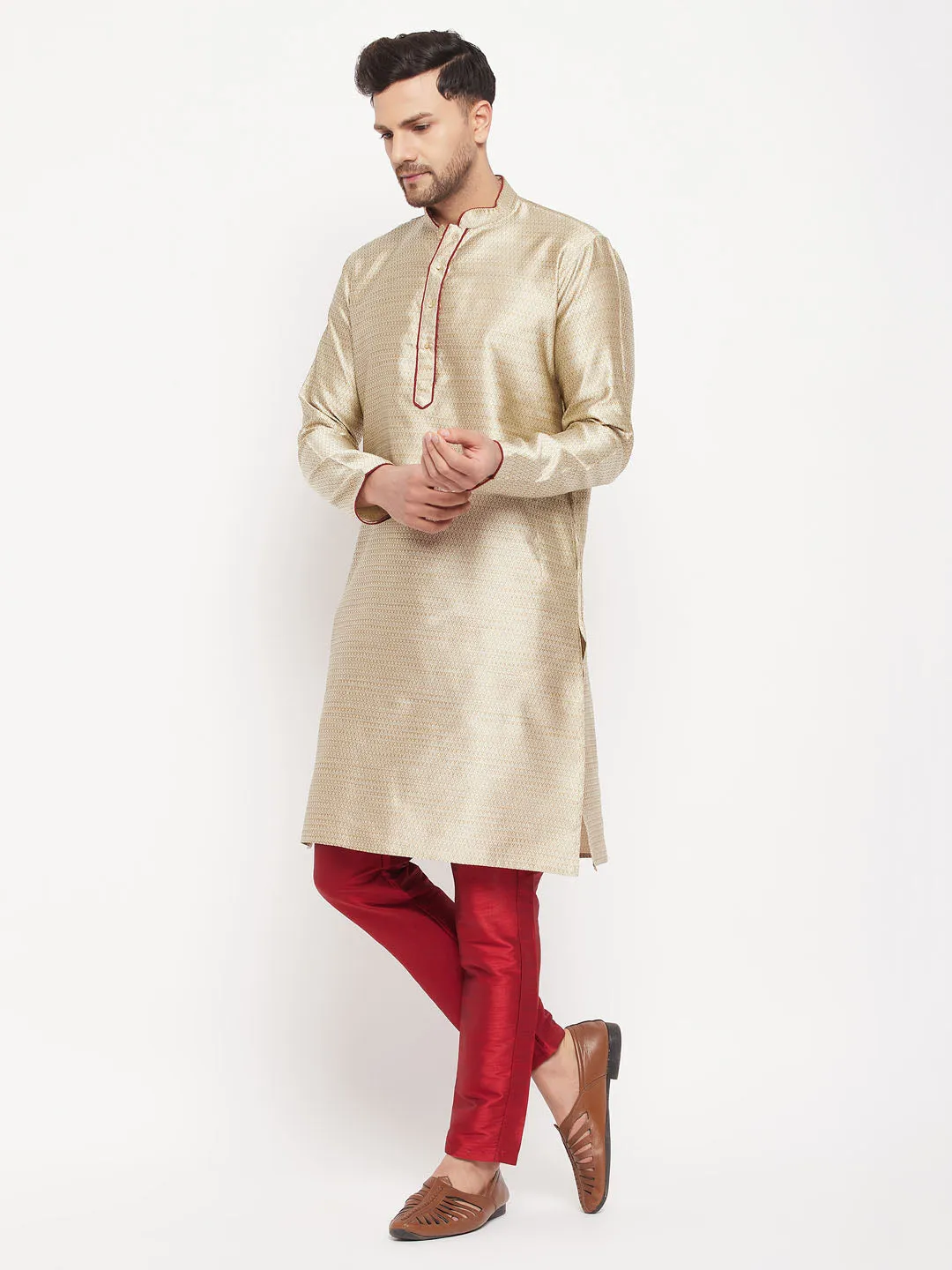Jashvi Men's Beige Silk Blend Kurta and Maroon Pant Style Pyjama Set