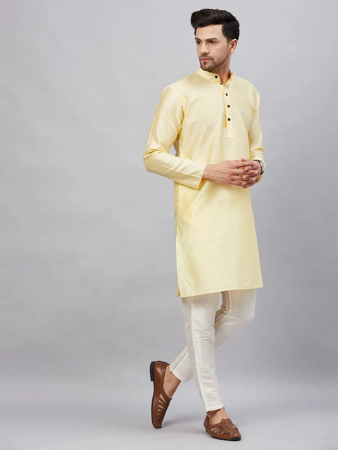 Jashvi Men's Beige Woven Kurta With pant Set