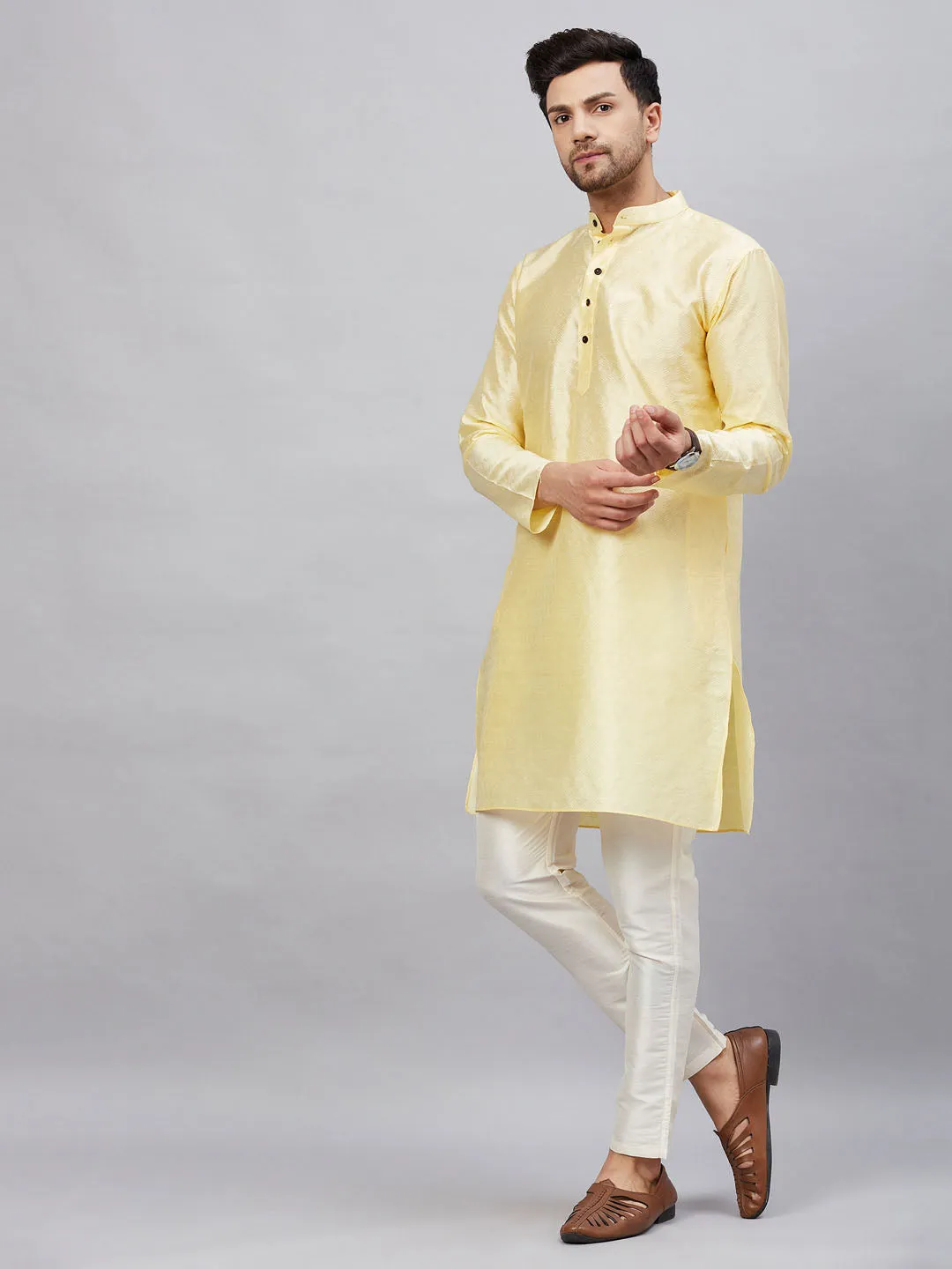 Jashvi Men's Beige Woven Kurta With pant Set