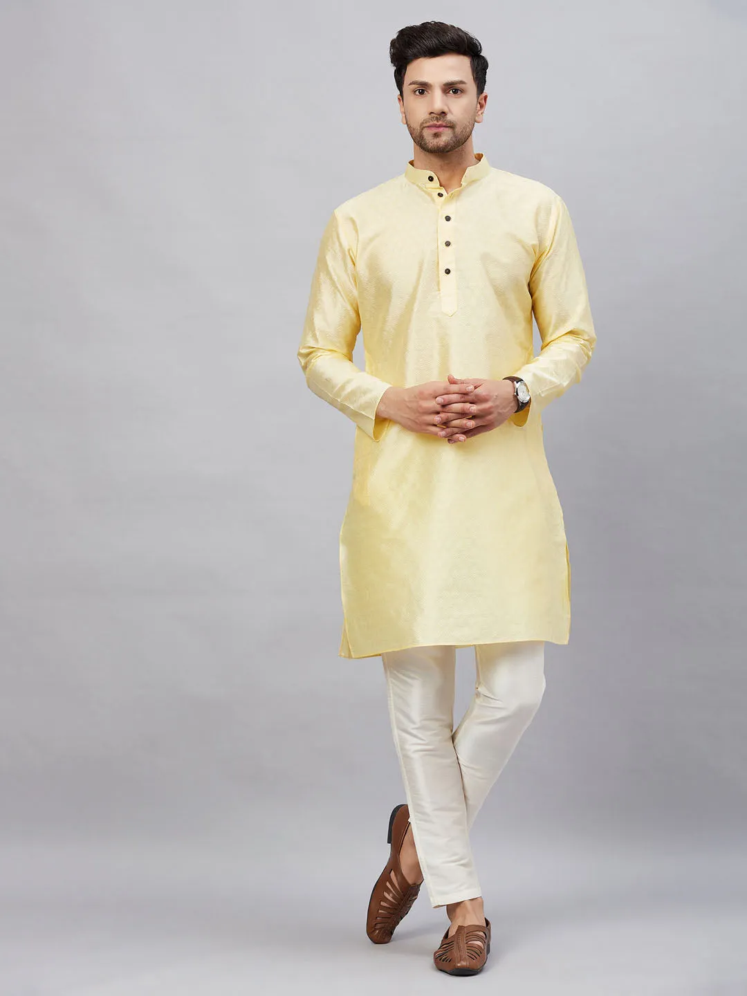 Jashvi Men's Beige Woven Kurta With pant Set