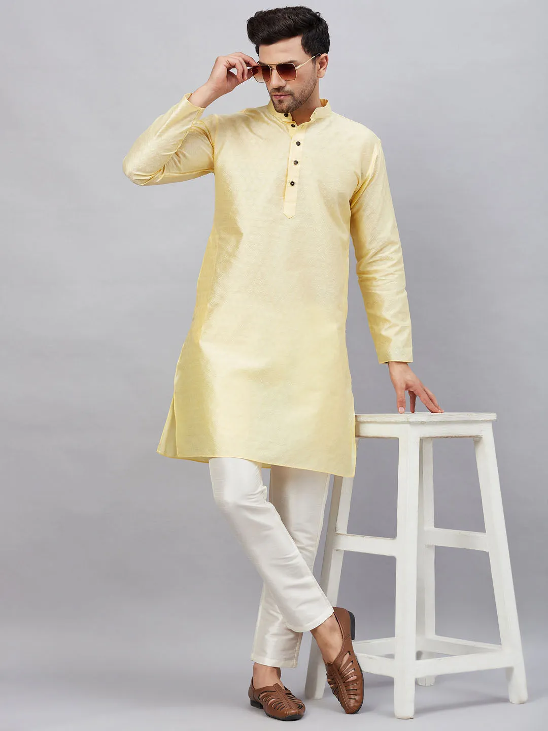 Jashvi Men's Beige Woven Kurta With pant Set