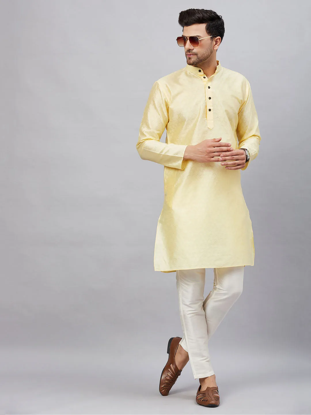 Jashvi Men's Beige Woven Kurta With pant Set